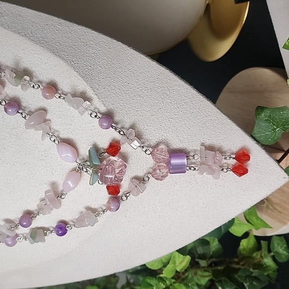 Silver Natural Stone Pink Quartz Glass Acrylic Bead Necklace Earrings Set - Picture 5 of 11